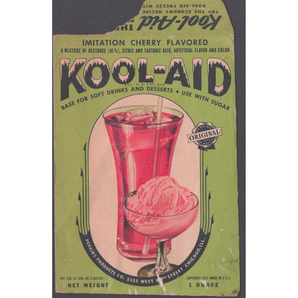 Vintage 1942 Kool-Aid Packet Imitation Cherry Perkins Products Co Empty Envelope